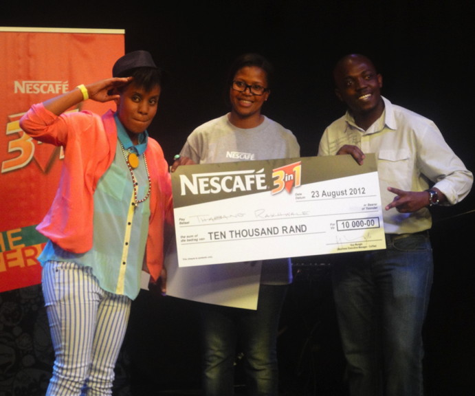 Toya Delazy poses with Nescafé Marketing Manager and the Metro FM 3-in-1 Perfect Mix winner