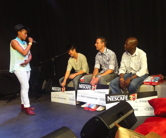 Toya Delazy congratulates the three winners at the 3-in-1 Perfect Mix finale event